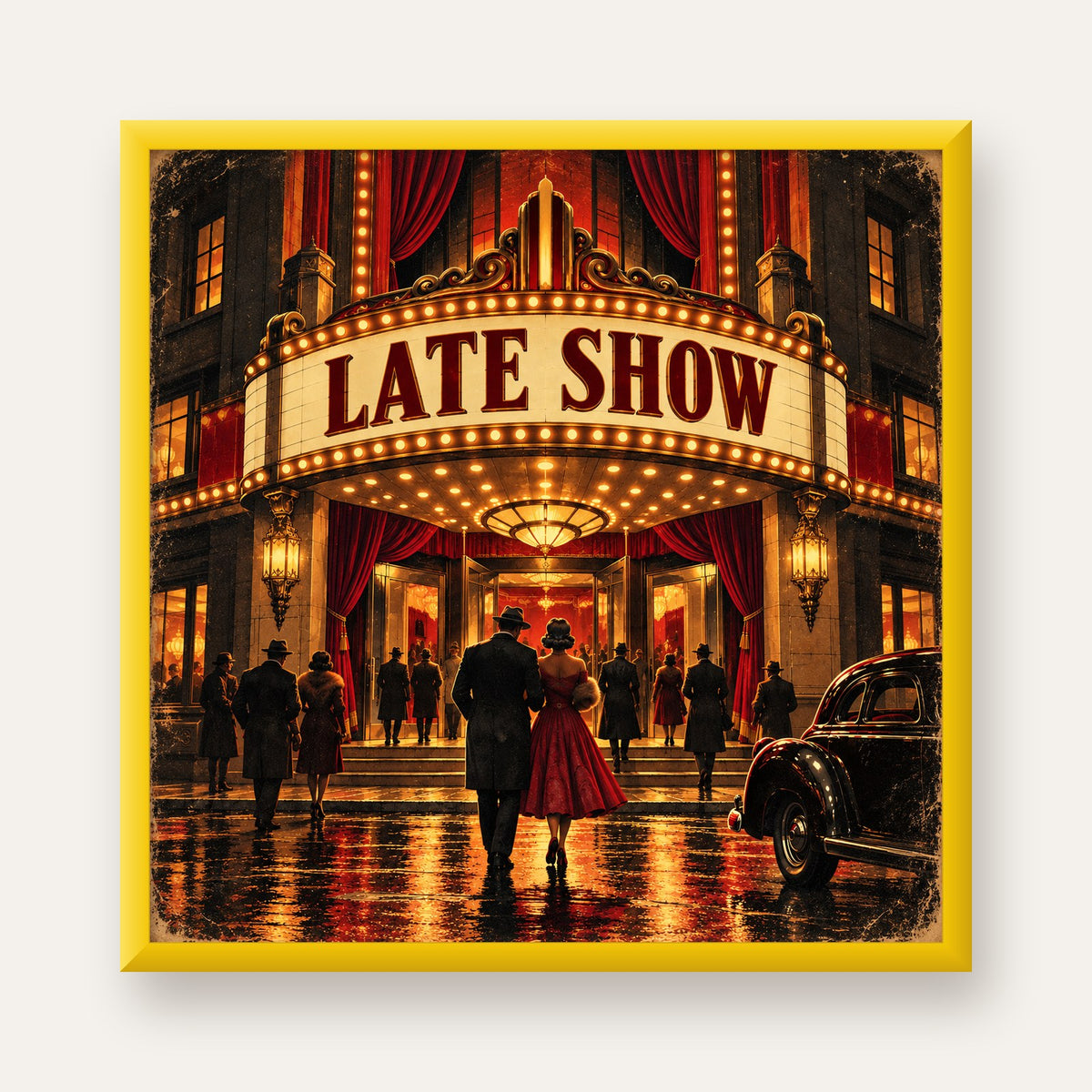 Late Show Vintage Sinema Afişi — sarı çerçeveli