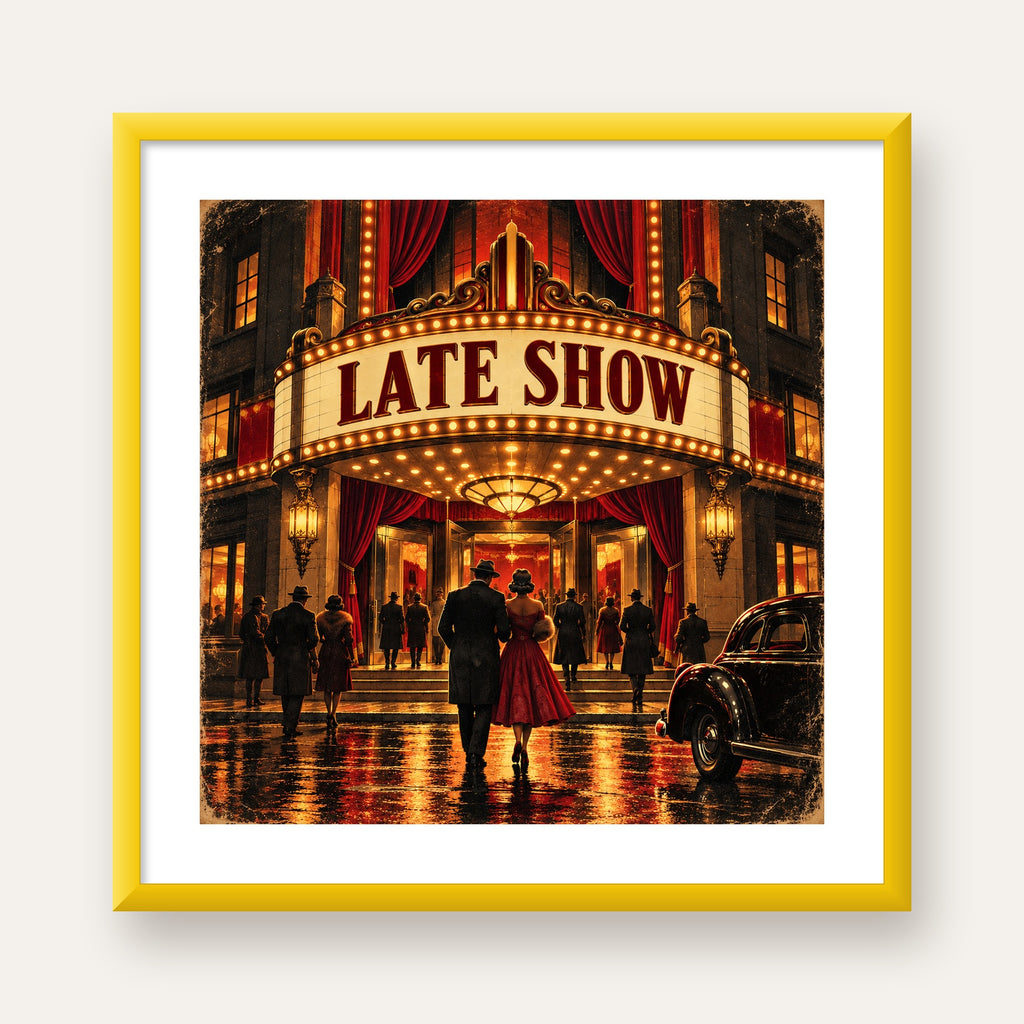 Late Show Vintage Sinema Afişi — sarı çerçeveli paspartulu