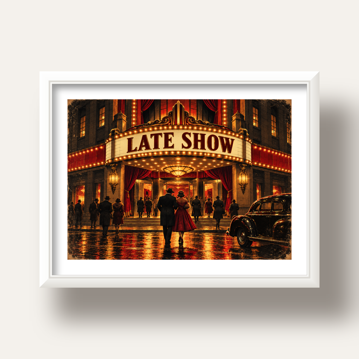 Late Show Vintage Sinema Afişi — beyaz derin çerçeveli paspartulu