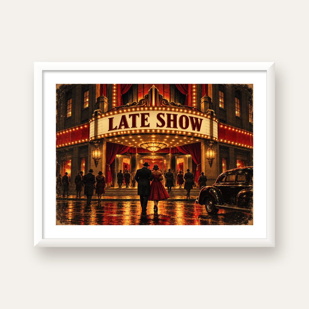 Late Show Vintage Sinema Afişi — beyaz çerçeveli yatay poster
