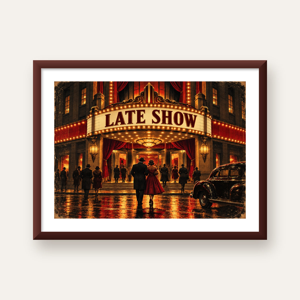 Late Show Vintage Sinema Afişi — ceviz çerçeveli paspartulu