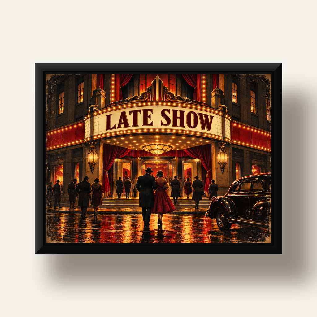 Late Show Vintage Sinema Afişi — siyah derin çerçeveli