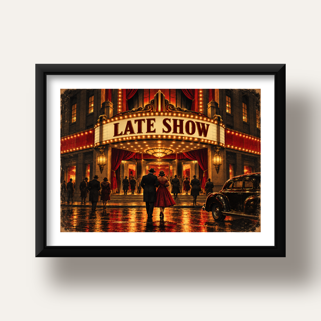 Late Show Vintage Sinema Afişi — siyah derin çerçeveli paspartulu