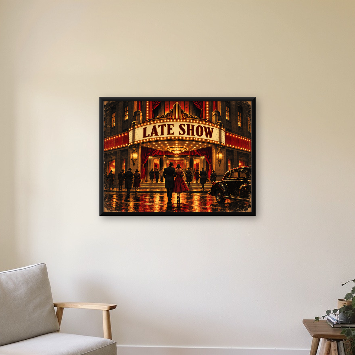 Retro Sinema Gecesi Poster – Vintage Gece Gösterimi Sanatı — Yatay baskı, çerçeveli hâliyle bir ev duvarında