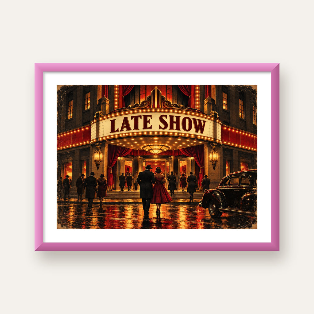 Late Show Vintage Sinema Afişi — pembe çerçeveli paspartulu