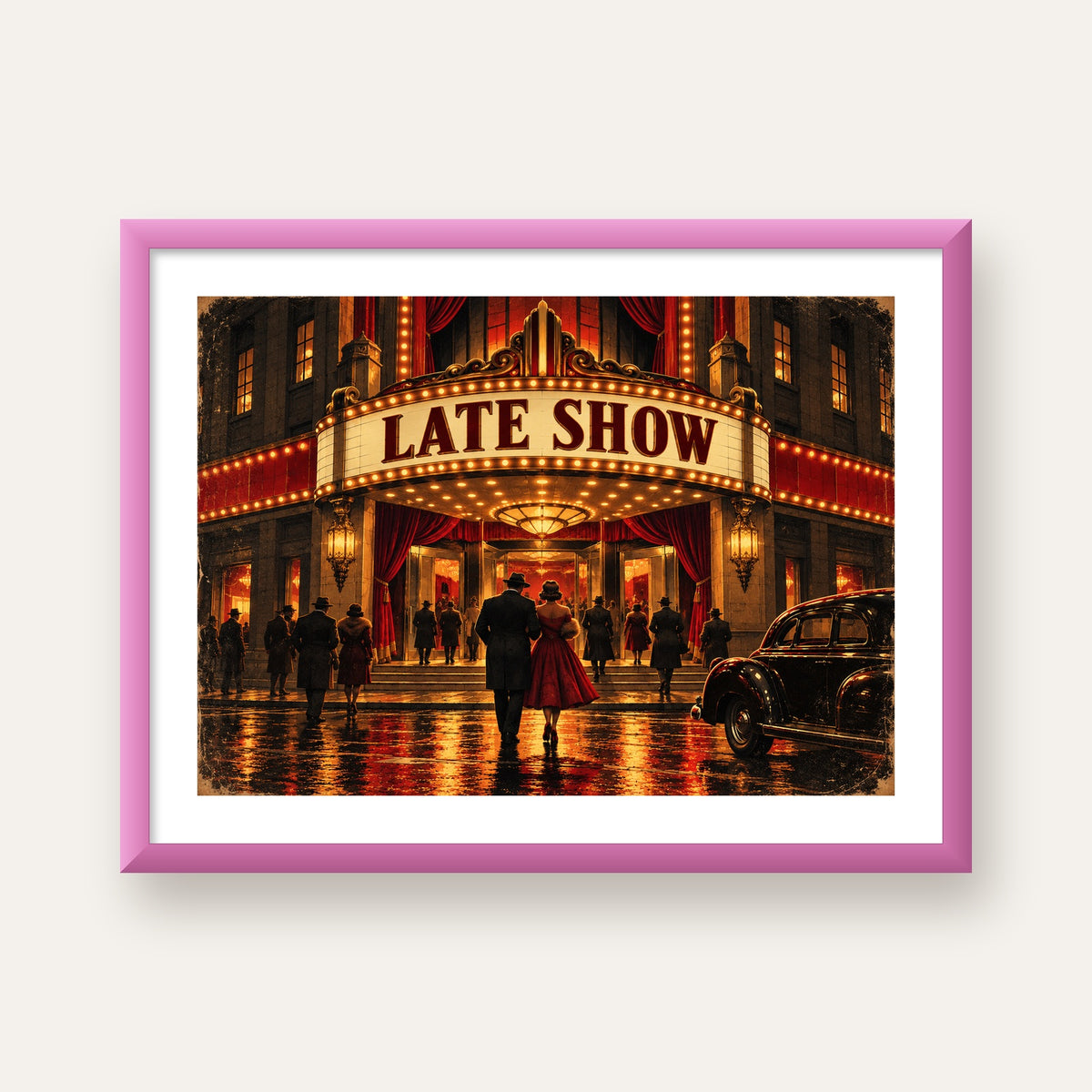 Late Show Vintage Sinema Afişi — pembe çerçeveli paspartulu