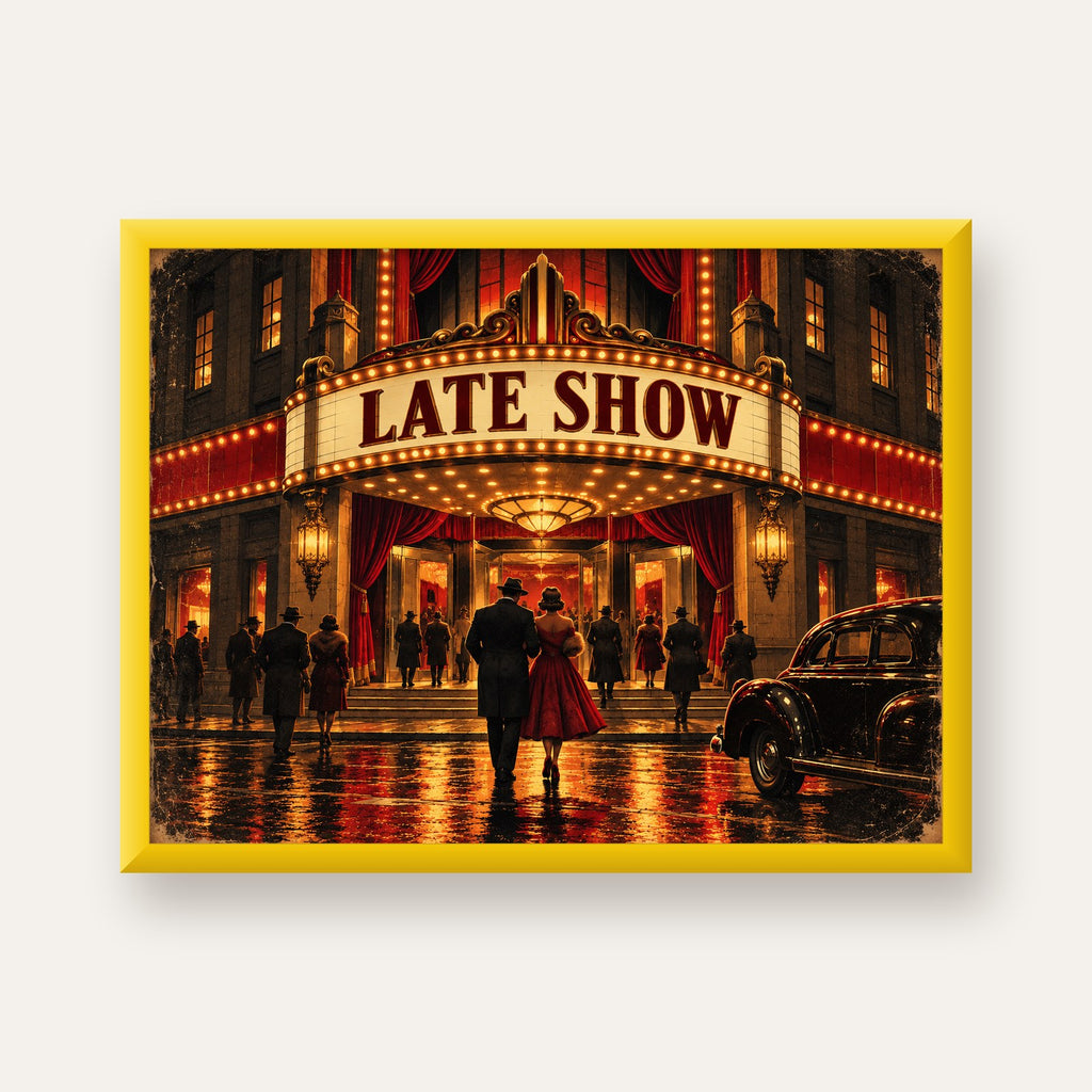 Late Show Vintage Sinema Afişi — sarı çerçeveli