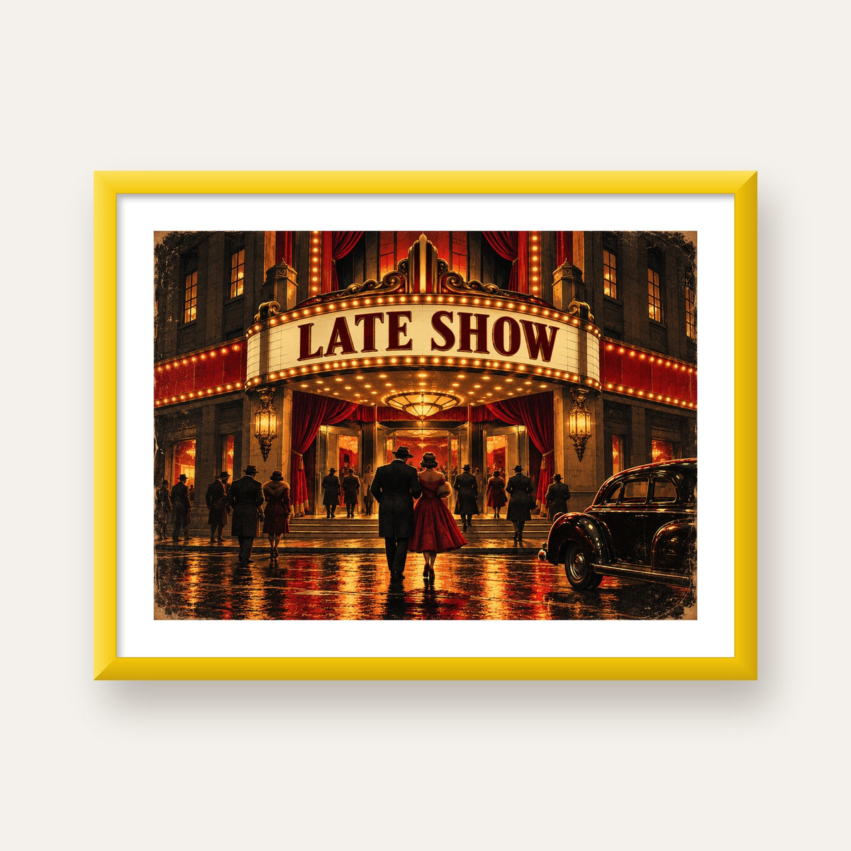 Late Show Vintage Sinema Afişi — sarı çerçeveli paspartulu