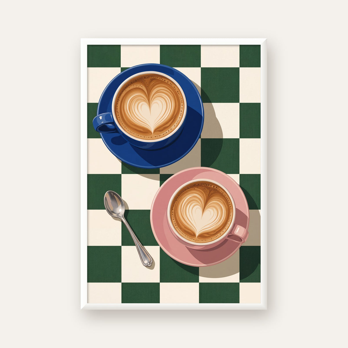 Yeşil Dama ve Latte Keyfi Sanat Poster – Renkli Fincanlar — beyaz çerçeveli dikey poster