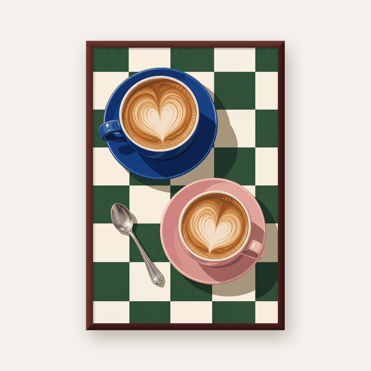 Yeşil Dama ve Latte Keyfi Sanat Poster – Renkli Fincanlar — ceviz çerçeveli