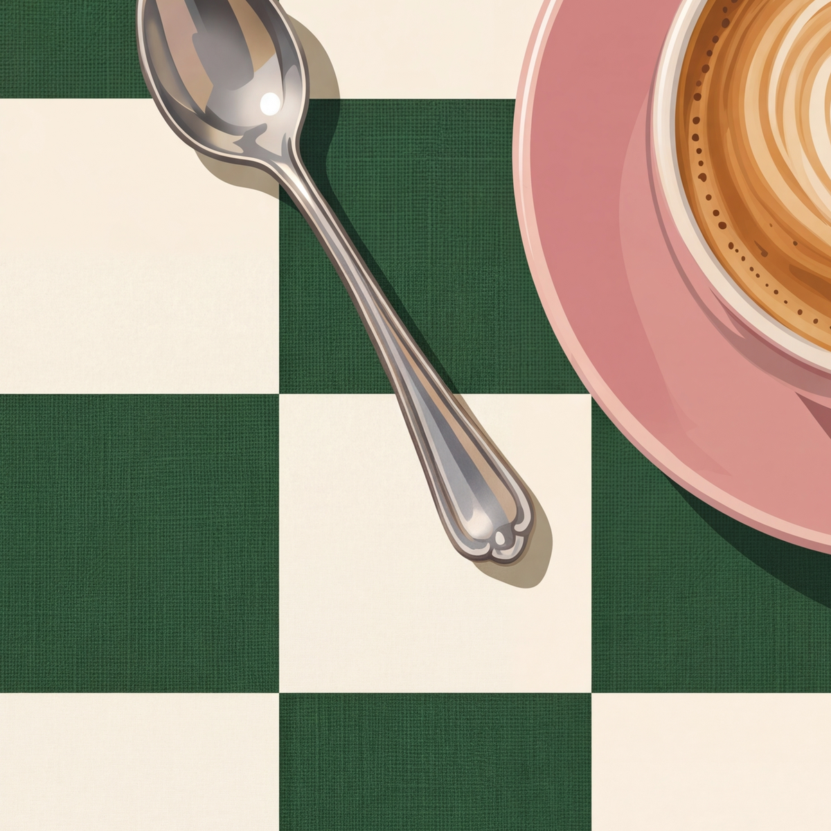 Yeşil Dama ve Latte Keyfi Sanat Poster – Renkli Fincanlar — baskının yakın çekimi, kâğıt dokusu ve renk detayı