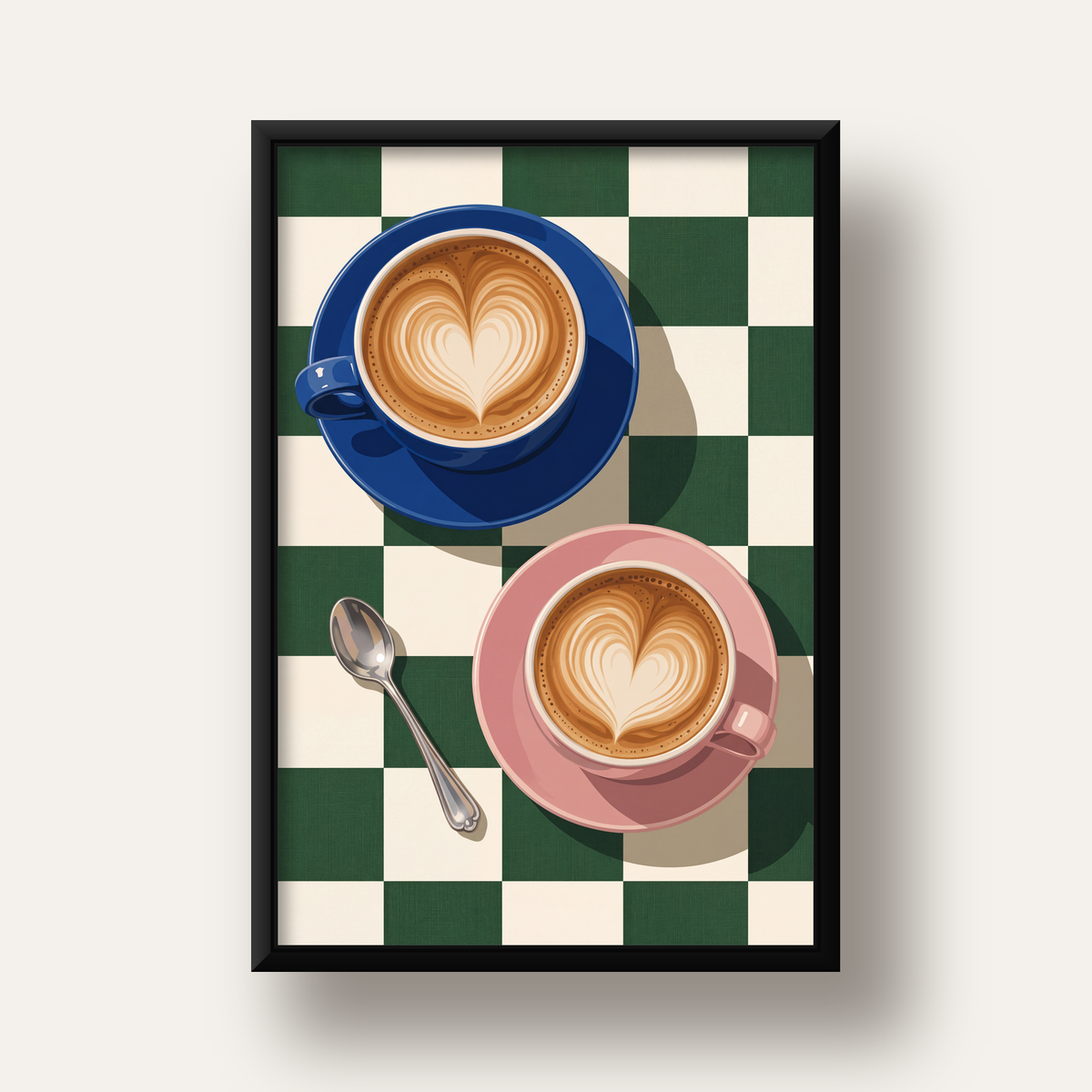 Yeşil Dama ve Latte Keyfi Sanat Poster – Renkli Fincanlar — siyah derin çerçeveli