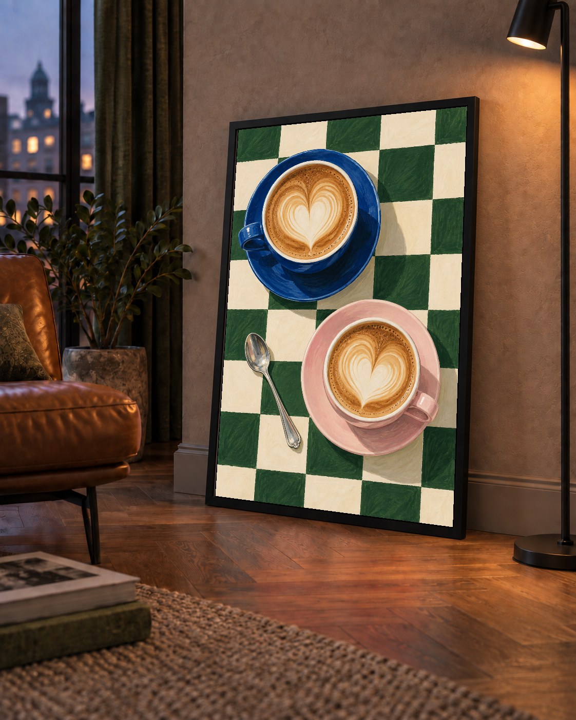 Yeşil Dama ve Latte Keyfi Sanat Poster – Renkli Fincanlar
