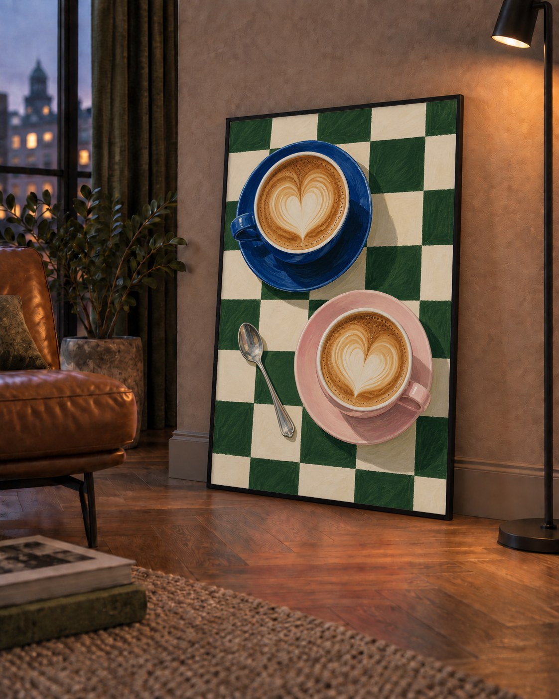 Yeşil Dama ve Latte Keyfi Sanat Poster – Renkli Fincanlar — çerçeveli hâliyle bir ev duvarında
