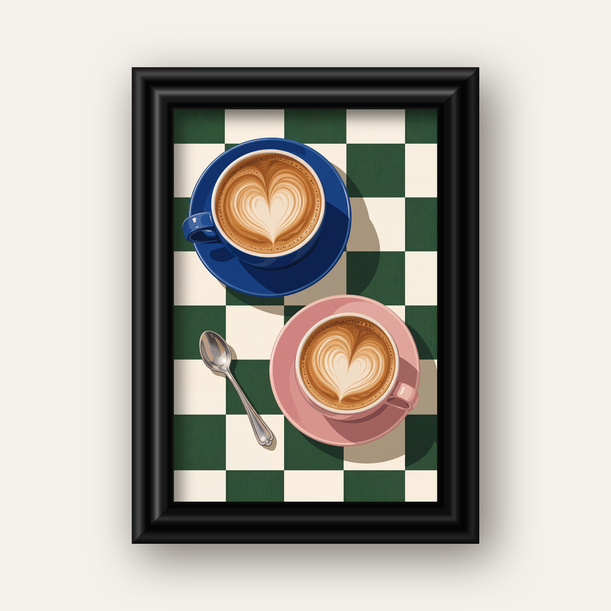 Yeşil Dama ve Latte Keyfi Sanat Poster – Renkli Fincanlar — siyah galeri çerçeveli