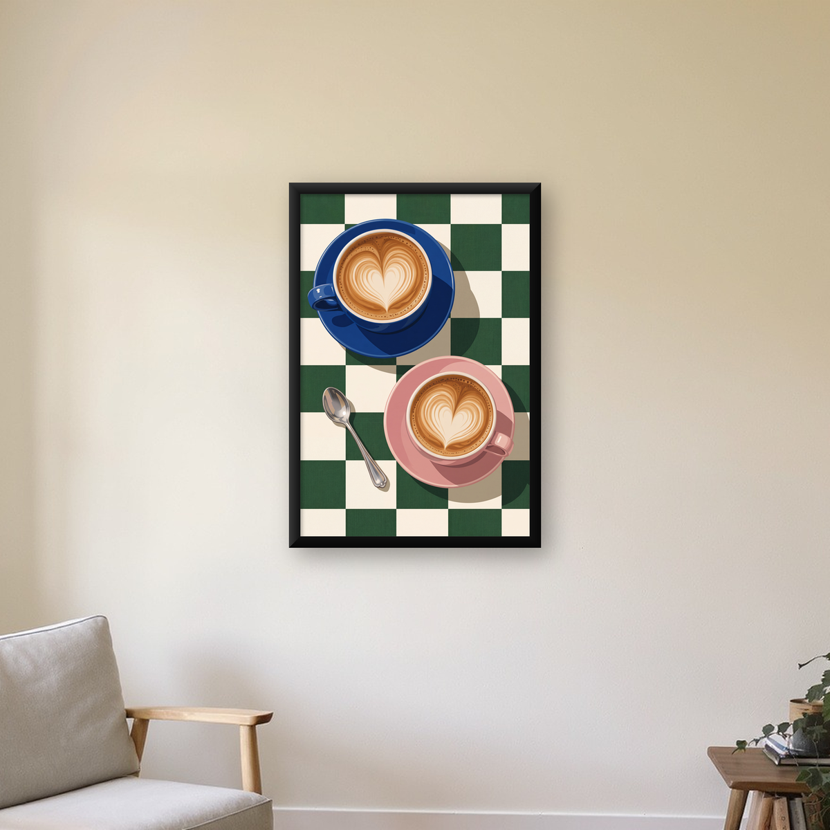 Yeşil Dama ve Latte Keyfi Sanat Poster – Renkli Fincanlar — çerçeveli hâliyle bir ev duvarında