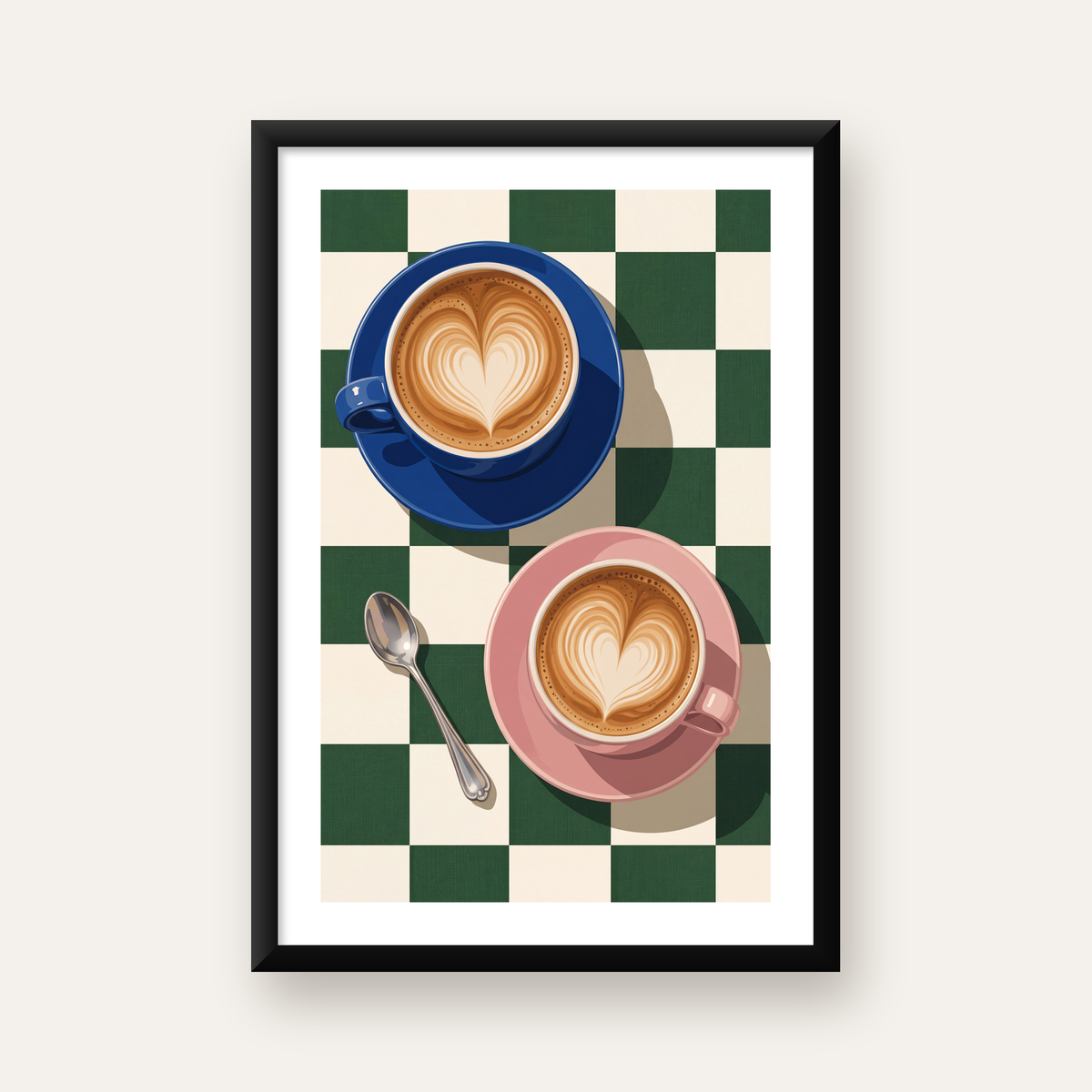 Yeşil Dama ve Latte Keyfi Sanat Poster – Renkli Fincanlar — beyaz paspartulu, düz siyah çerçeveli