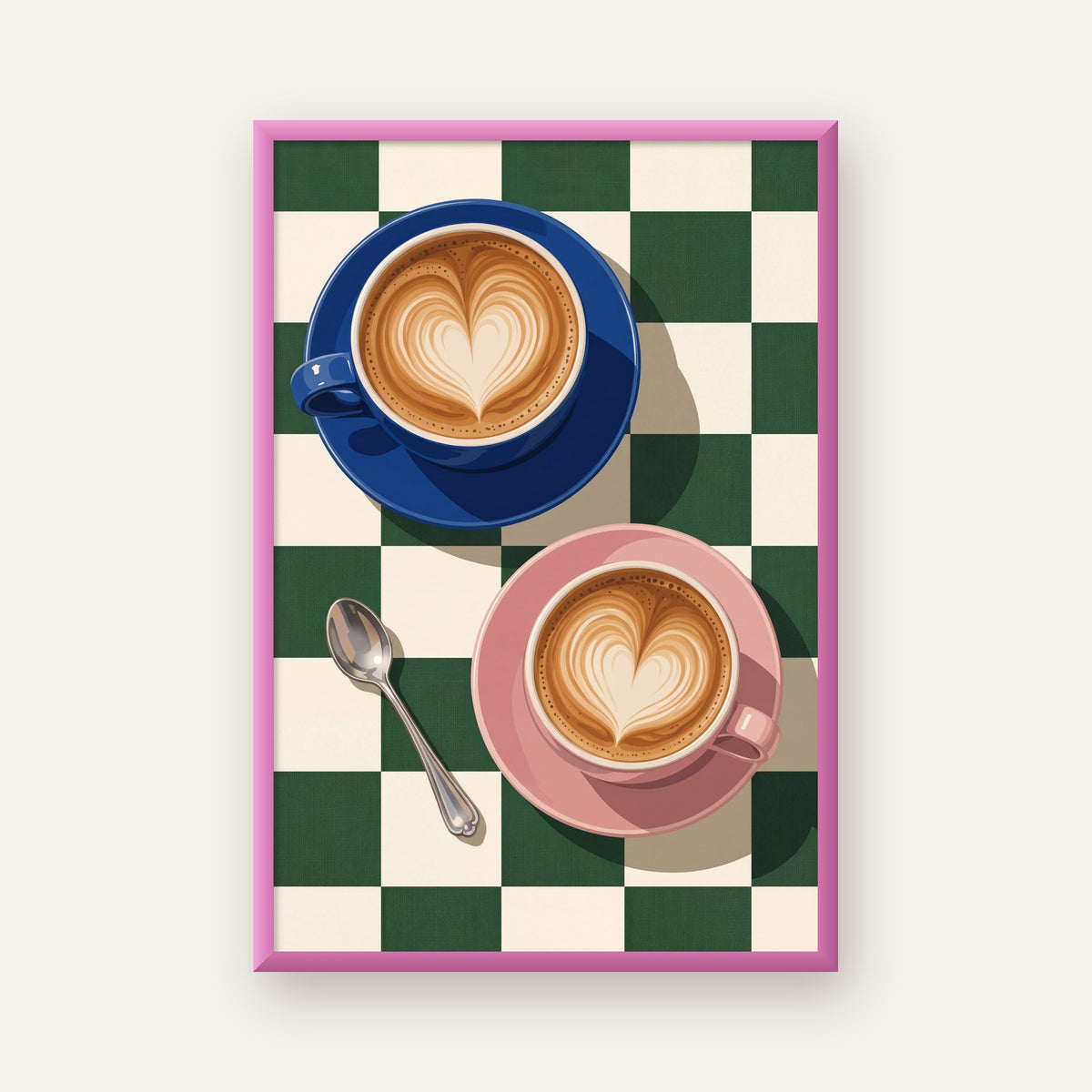 Yeşil Dama ve Latte Keyfi Sanat Poster – Renkli Fincanlar — pembe çerçeveli