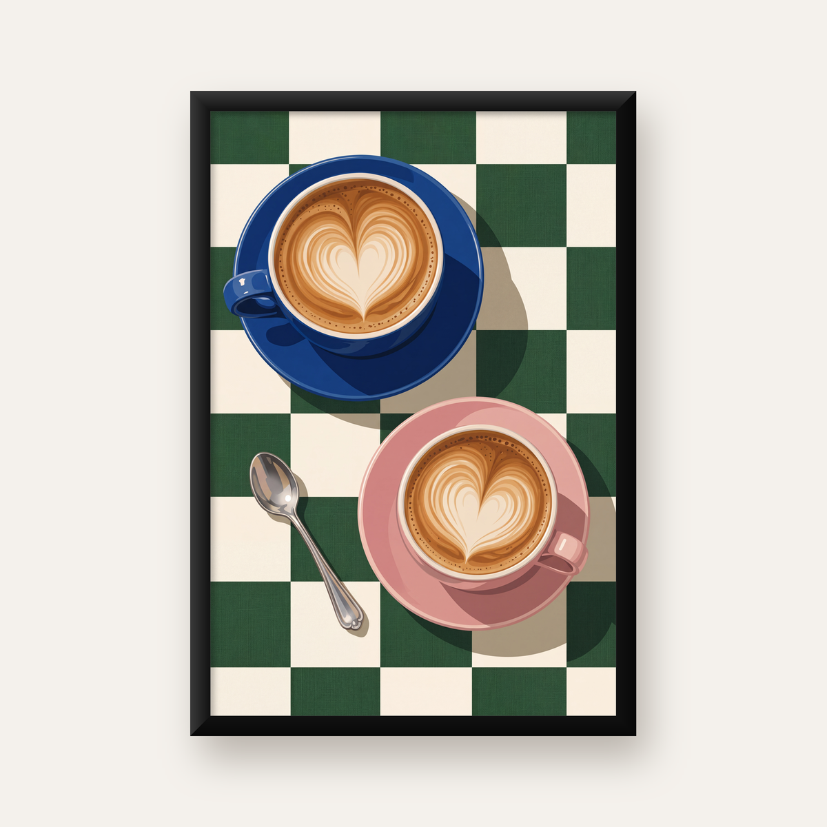 Yeşil Dama ve Latte Keyfi Sanat Poster – Renkli Fincanlar — düz siyah çerçeveli duvar posteri