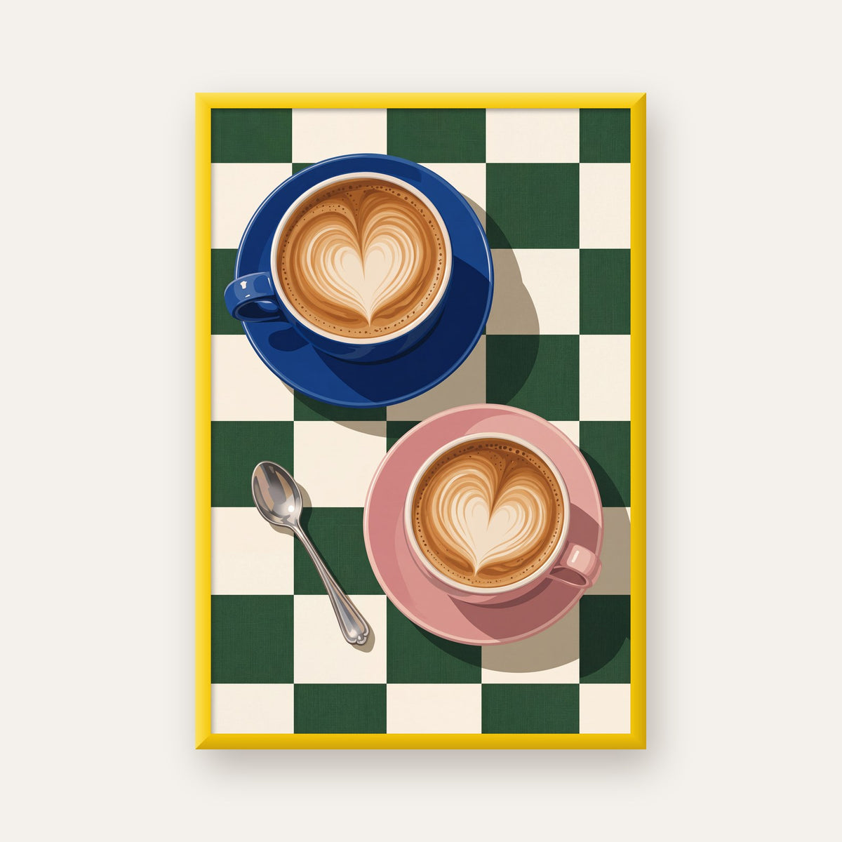 Yeşil Dama ve Latte Keyfi Sanat Poster – Renkli Fincanlar — sarı çerçeveli