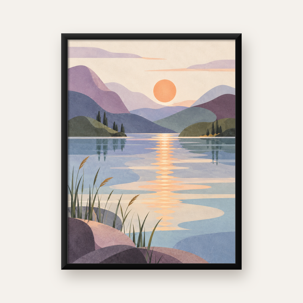 Minimalist Gün Batımı Manzaralı Poster – Göl ve Dağlar Kompozisyonu — Dikey baskı, düz siyah çerçeveli duvar posteri