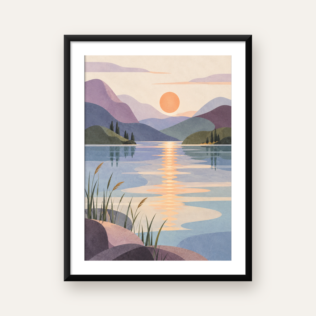 Minimalist Gün Batımı Manzaralı Poster – Göl ve Dağlar Kompozisyonu — Dikey baskı, beyaz kenar boşluklu