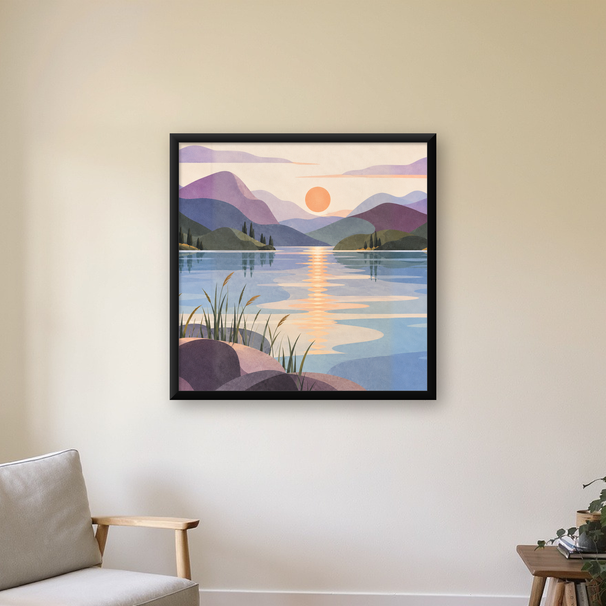 Minimalist Gün Batımı Manzaralı Poster – Göl ve Dağlar Kompozisyonu — Kare baskı, çerçeveli hâliyle bir ev duvarında