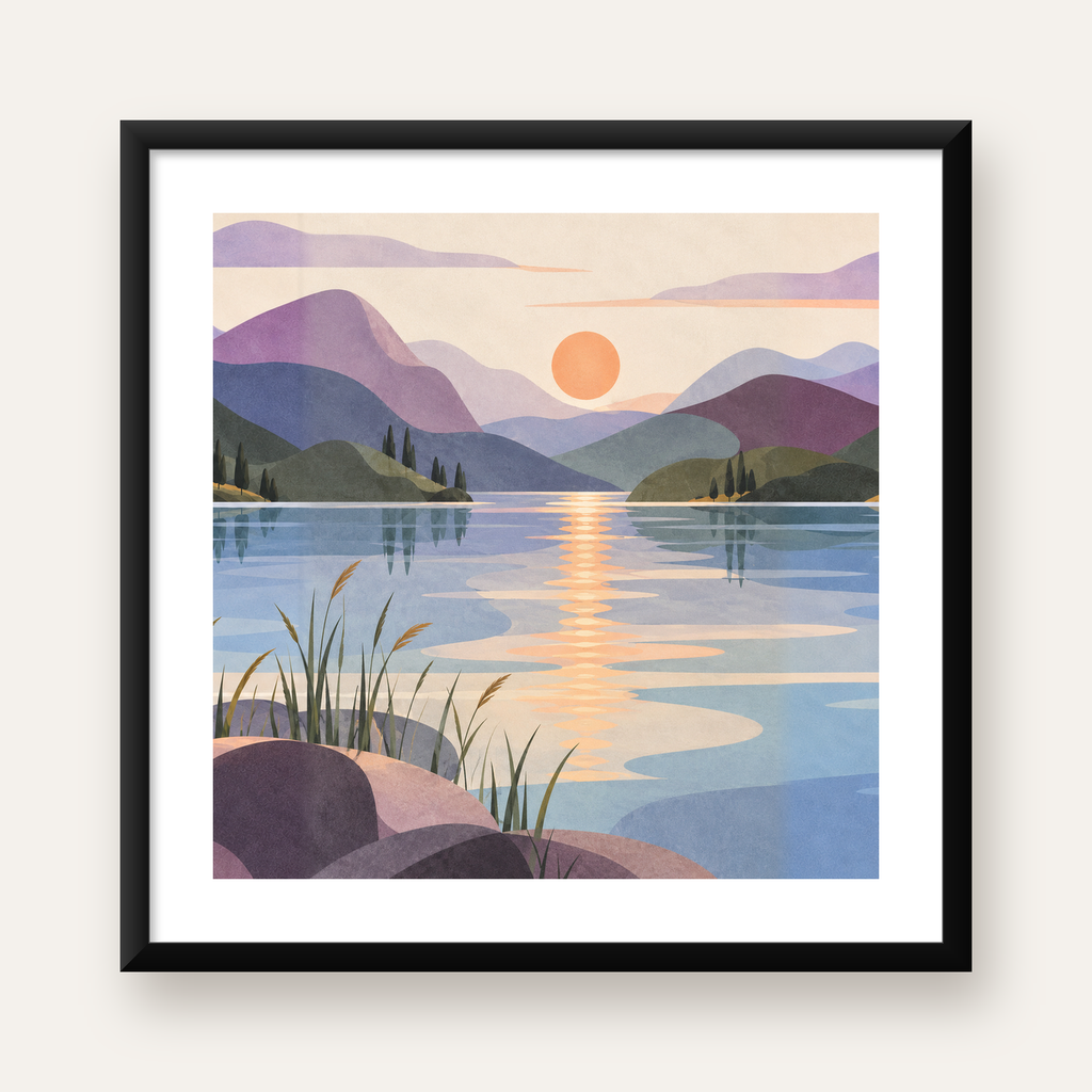 Minimalist Gün Batımı Manzaralı Poster – Göl ve Dağlar Kompozisyonu — Kare baskı, beyaz kenar boşluklu