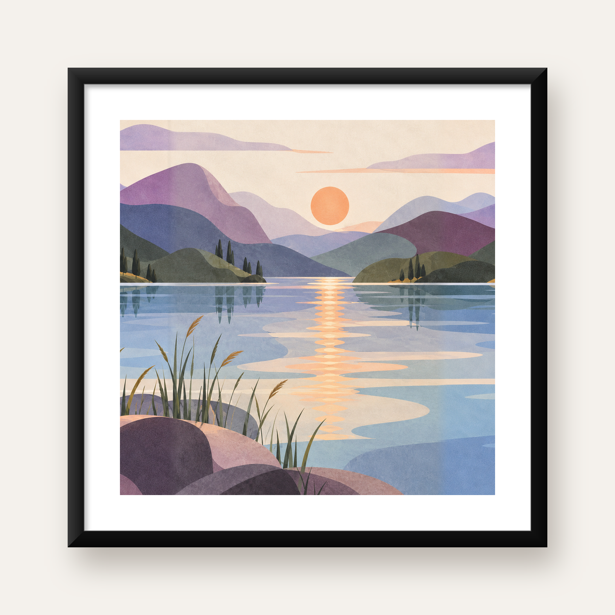 Minimalist Gün Batımı Manzaralı Poster – Göl ve Dağlar Kompozisyonu — Kare baskı, beyaz kenar boşluklu