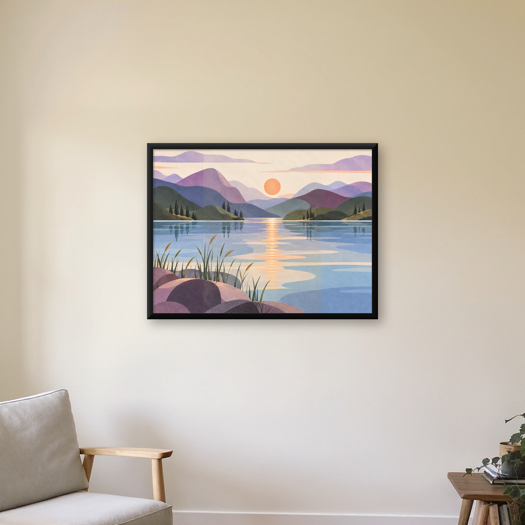 Minimalist Gün Batımı Manzaralı Poster – Göl ve Dağlar Kompozisyonu — Yatay baskı, çerçeveli hâliyle bir ev duvarında