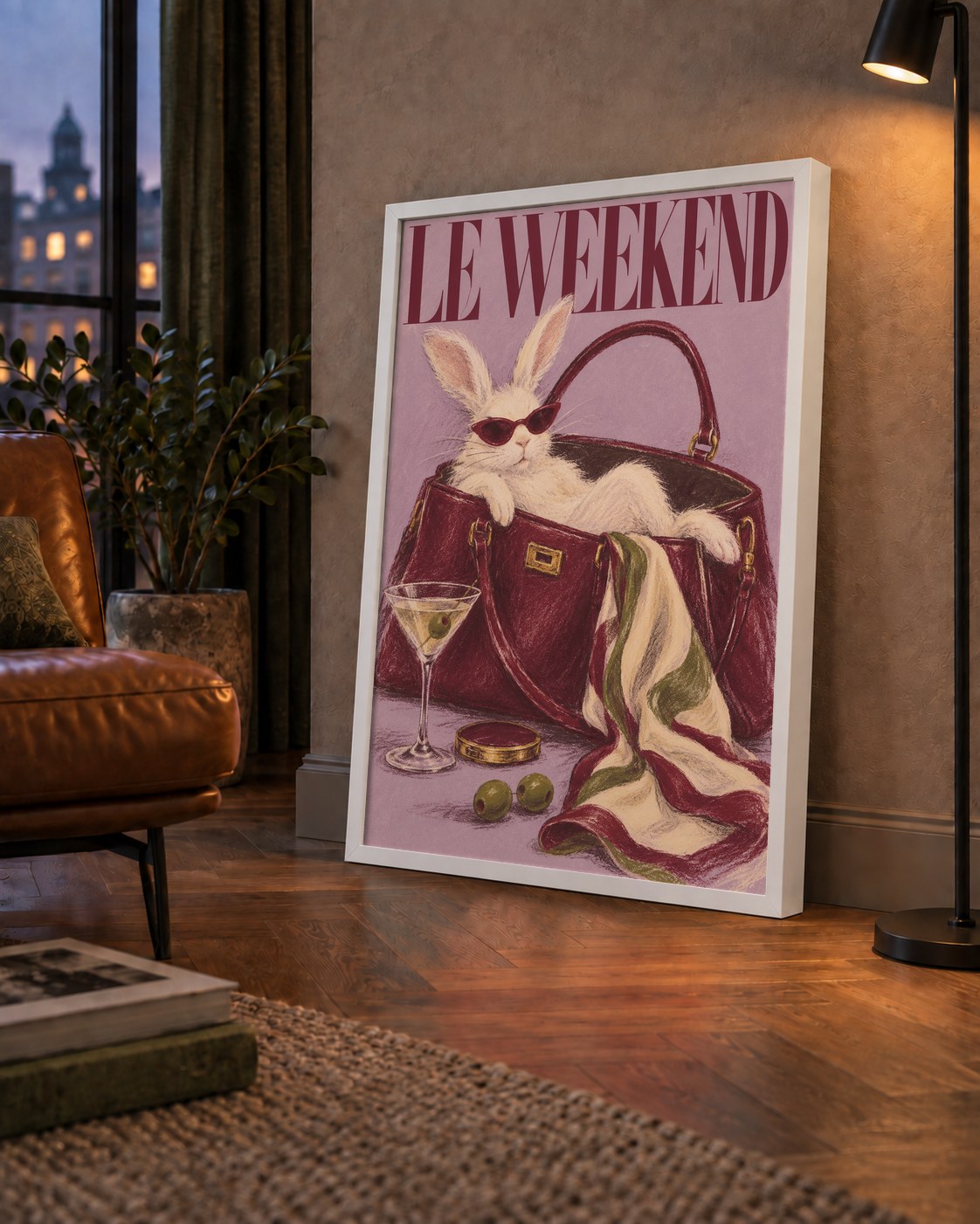 Sofistike Tavşan ve Le Weekend Pastel Poster — çerçeveli hâliyle bir ev duvarında