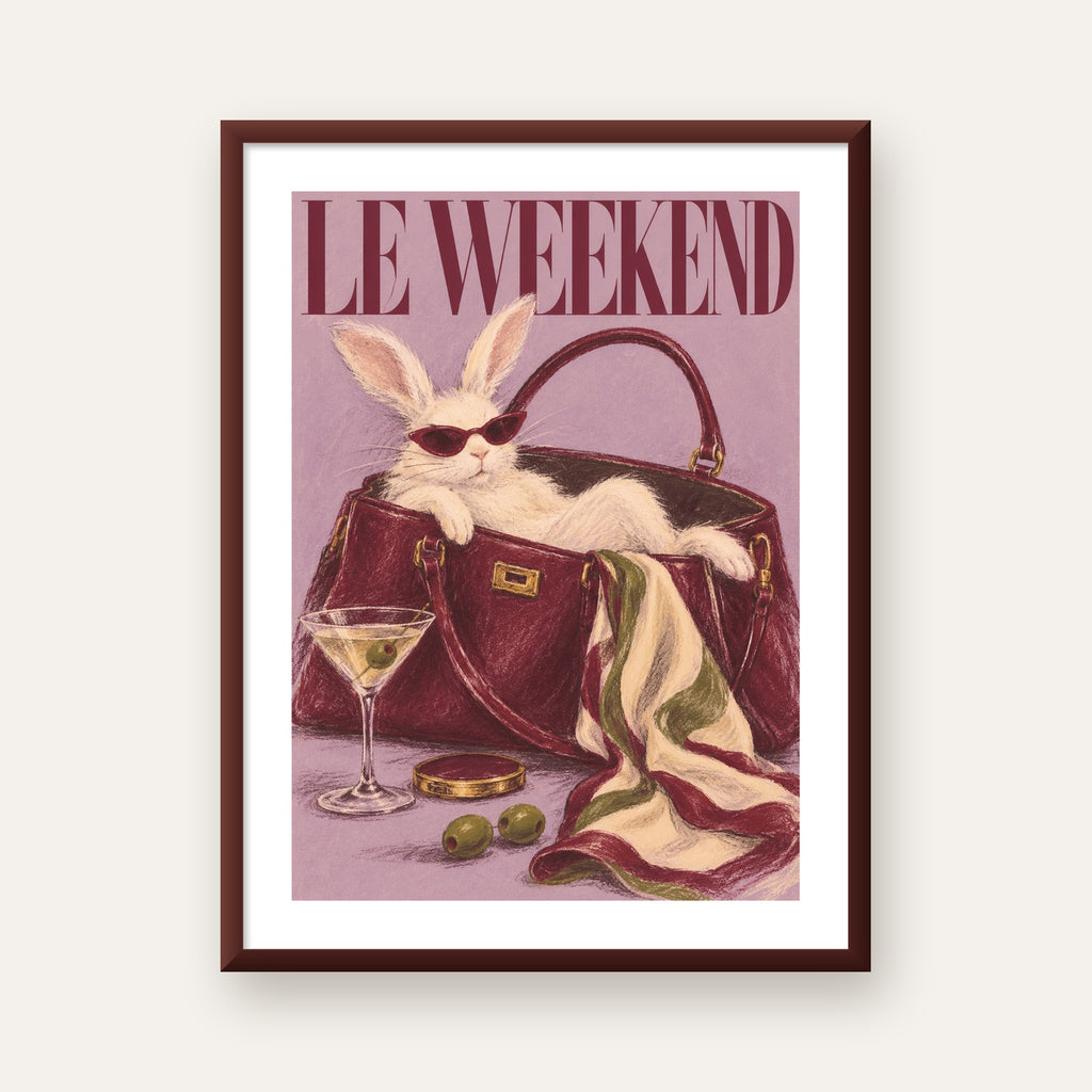 Sofistike Tavşan ve Le Weekend Pastel Poster — ceviz çerçeveli paspartulu