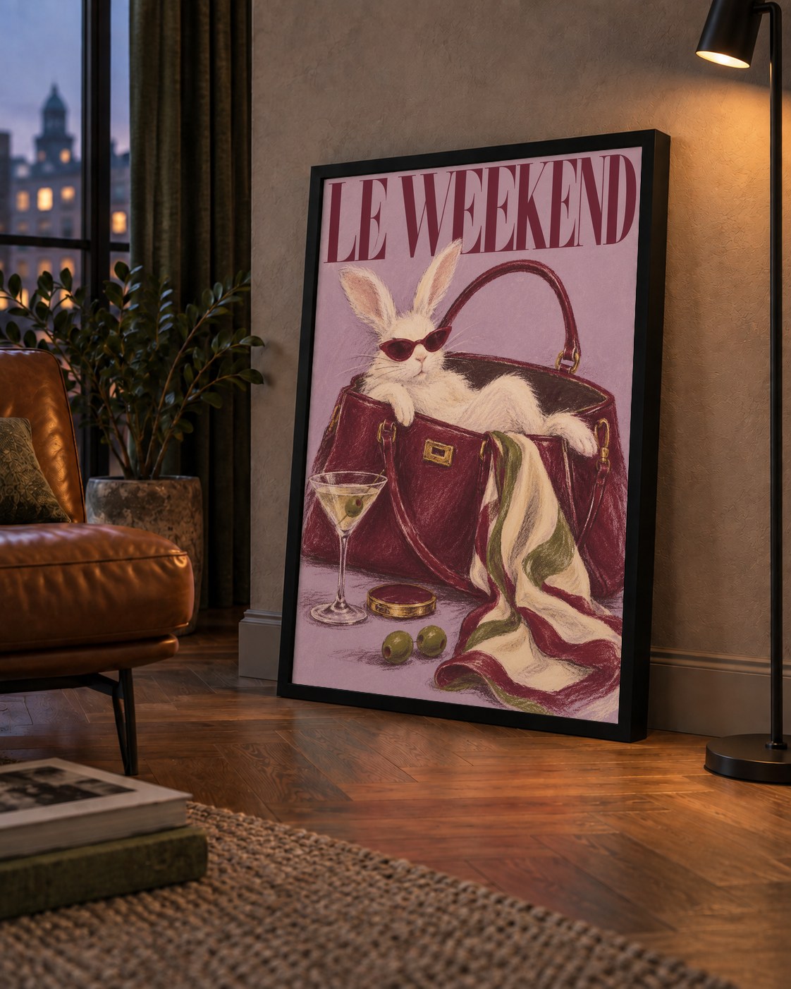 Sofistike Tavşan ve Le Weekend Pastel Poster — çerçeveli hâliyle bir ev duvarında