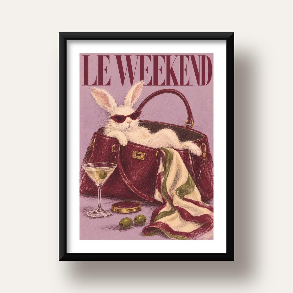 Sofistike Tavşan ve Le Weekend Pastel Poster — siyah derin çerçeveli paspartulu