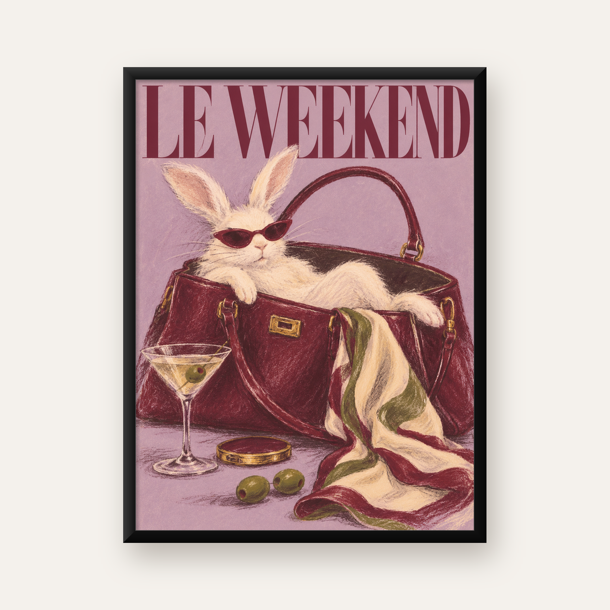Sofistike Tavşan ve Le Weekend Pastel Poster, Çerçeveli — Dikey baskı, düz siyah çerçeveli duvar posteri