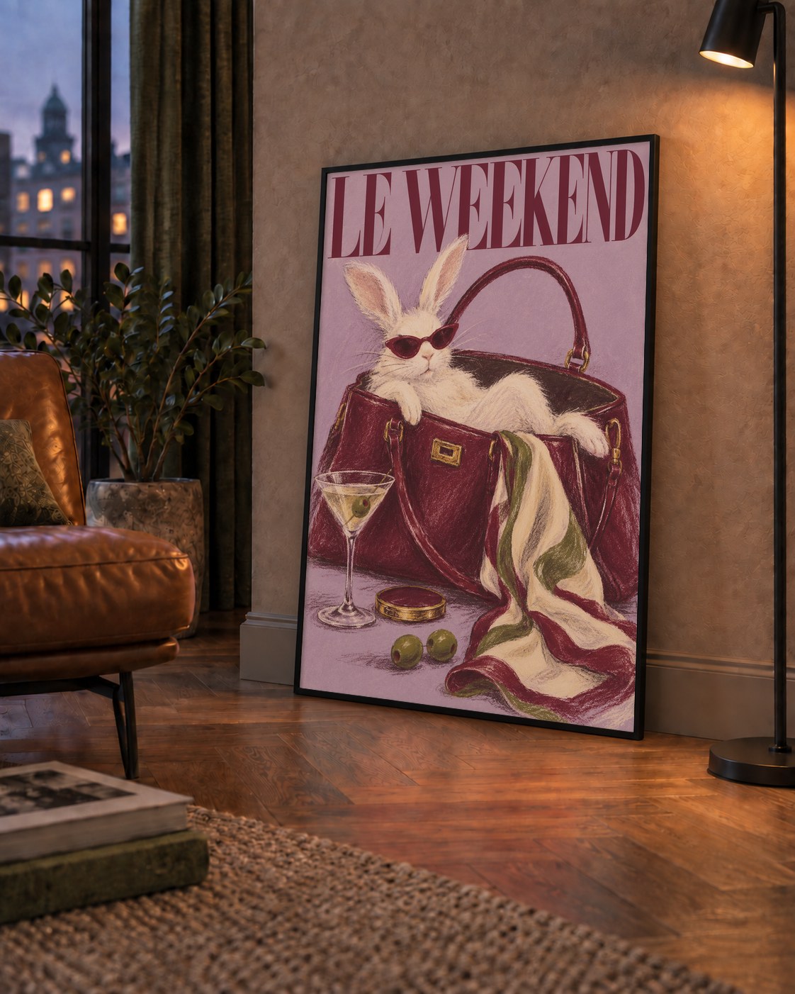 Sofistike Tavşan ve Le Weekend Pastel Poster — çerçeveli hâliyle bir ev duvarında
