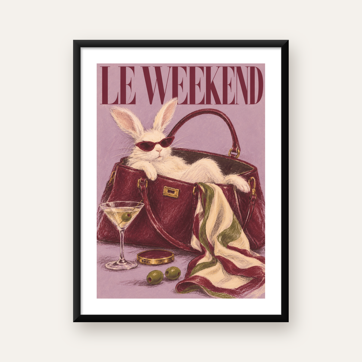 Sofistike Tavşan ve Le Weekend Pastel Poster, Çerçeveli — Dikey baskı, beyaz kenar boşluklu