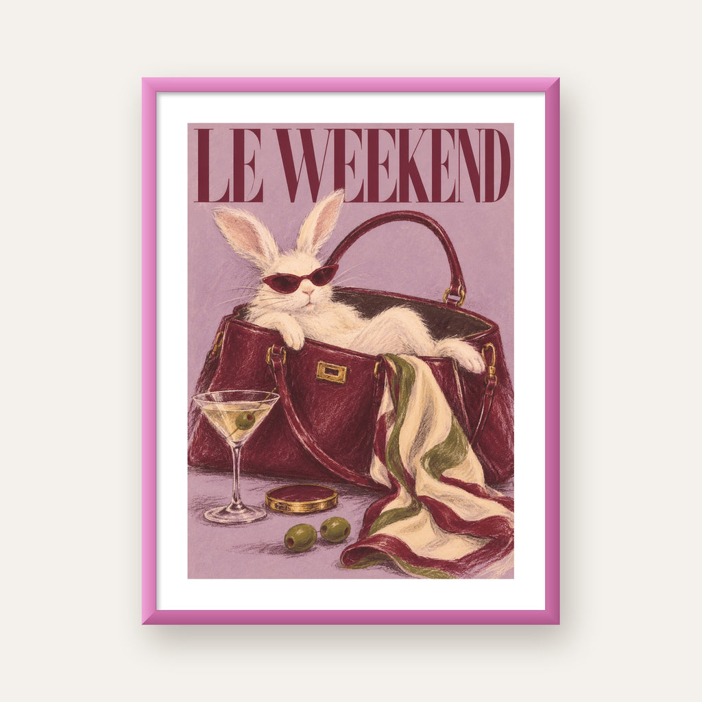 Sofistike Tavşan ve Le Weekend Pastel Poster — pembe çerçeveli paspartulu