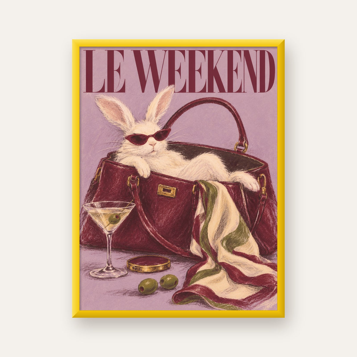 Sofistike Tavşan ve Le Weekend Pastel Poster — sarı çerçeveli