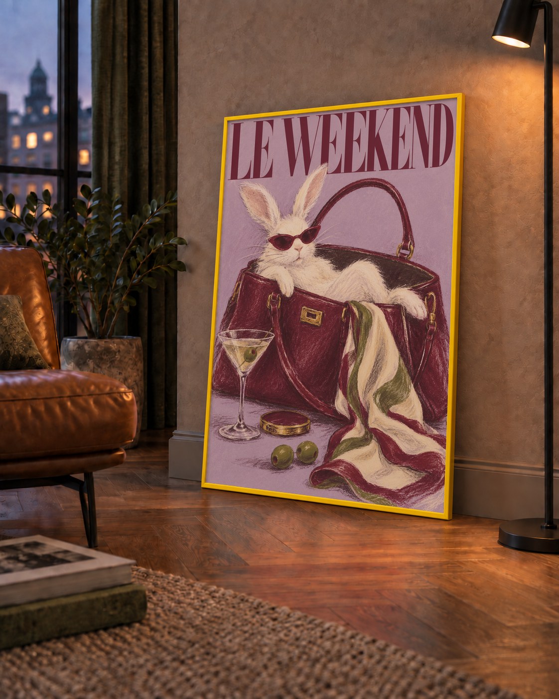 Sofistike Tavşan ve Le Weekend Pastel Poster — çerçeveli hâliyle bir ev duvarında