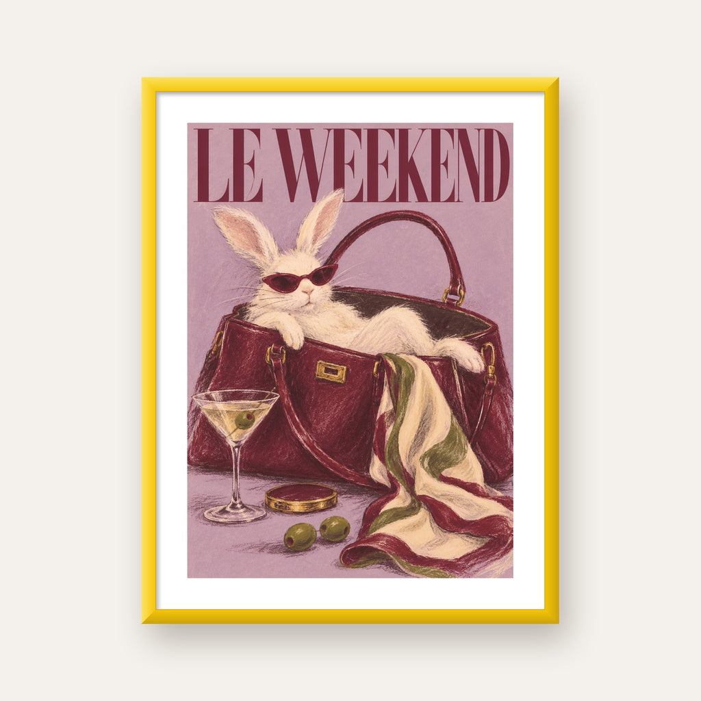 Sofistike Tavşan ve Le Weekend Pastel Poster — sarı çerçeveli paspartulu