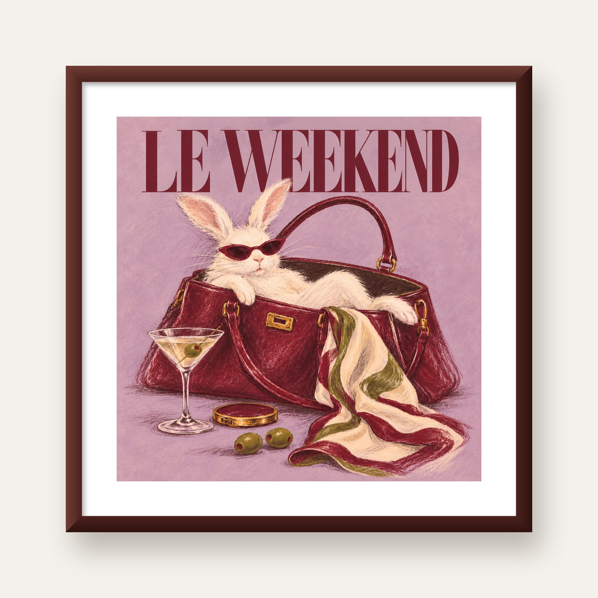Sofistike Tavşan ve Le Weekend Pastel Poster — ceviz çerçeveli paspartulu