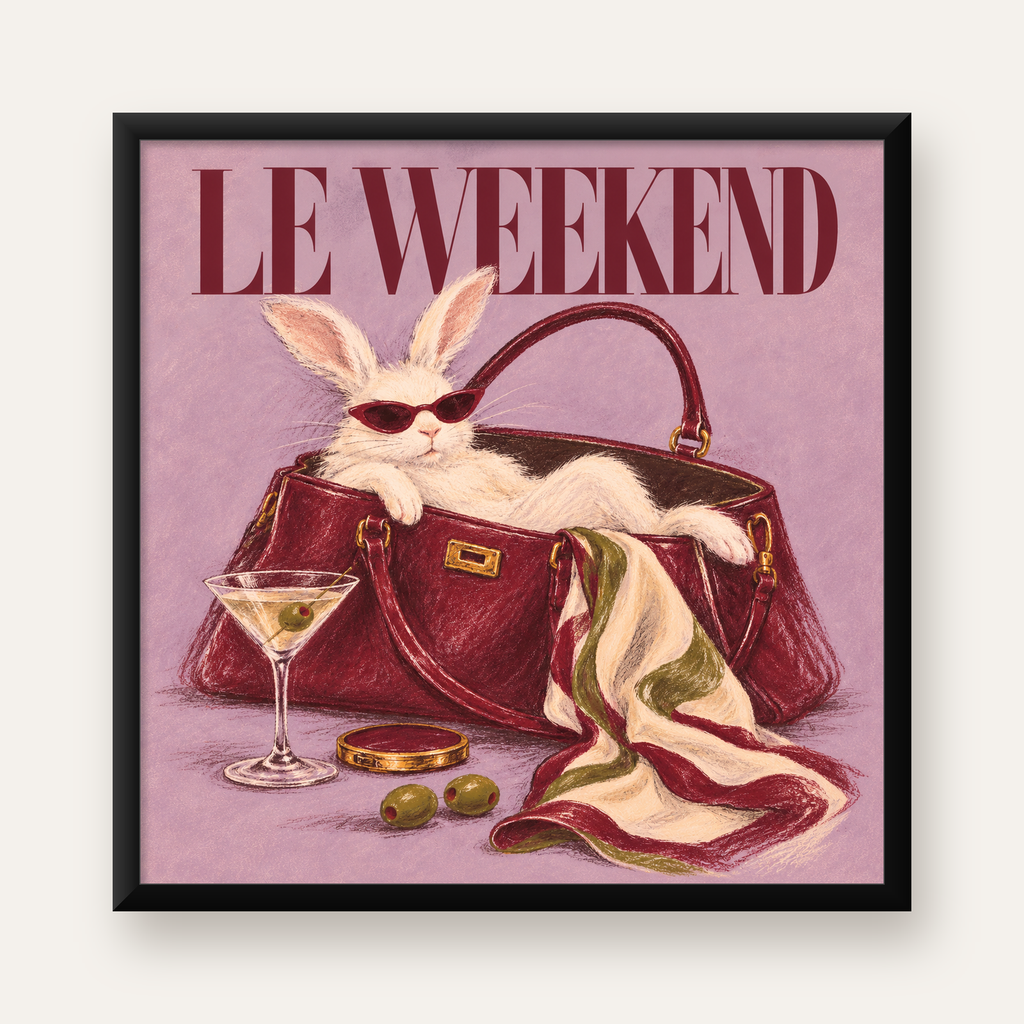 Sofistike Tavşan ve Le Weekend Pastel Poster, Çerçeveli — Kare baskı, düz siyah çerçeveli duvar posteri