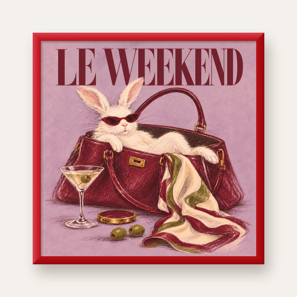 Sofistike Tavşan ve Le Weekend Pastel Poster — kırmızı çerçeveli