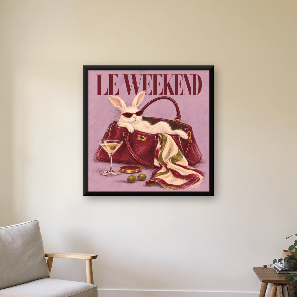 Sofistike Tavşan ve Le Weekend Pastel Poster, Çerçeveli — Kare baskı, çerçeveli hâliyle bir ev duvarında