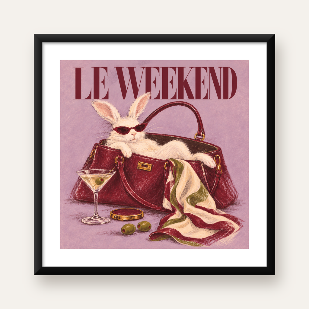 Sofistike Tavşan ve Le Weekend Pastel Poster, Çerçeveli — Kare baskı, beyaz kenar boşluklu