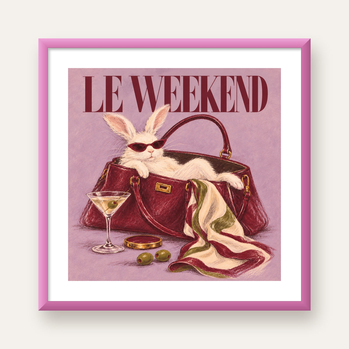Sofistike Tavşan ve Le Weekend Pastel Poster — pembe çerçeveli paspartulu