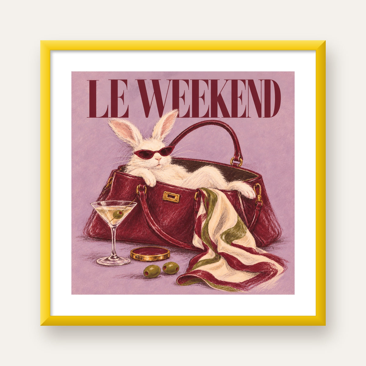 Sofistike Tavşan ve Le Weekend Pastel Poster — sarı çerçeveli paspartulu