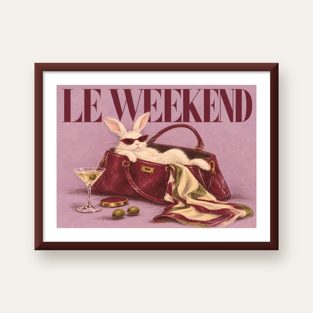 Sofistike Tavşan ve Le Weekend Pastel Poster — ceviz çerçeveli paspartulu