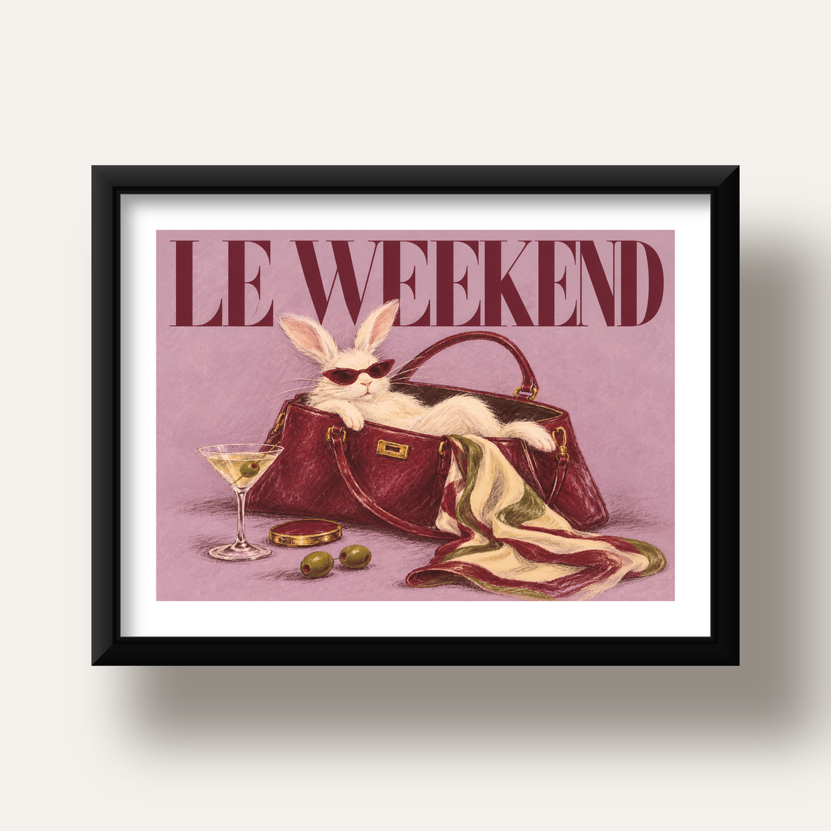 Sofistike Tavşan ve Le Weekend Pastel Poster — siyah derin çerçeveli paspartulu